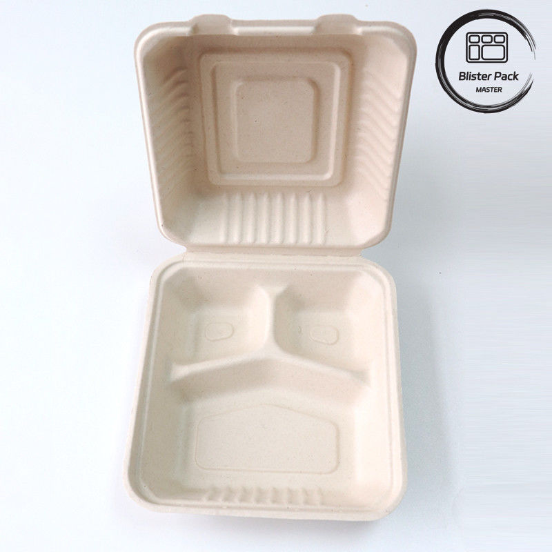 Blister Öko-kompostierbar Muschelschale 3 Abteilungs- Einweg-Lunchbox Zuckerrohr-Bagasse