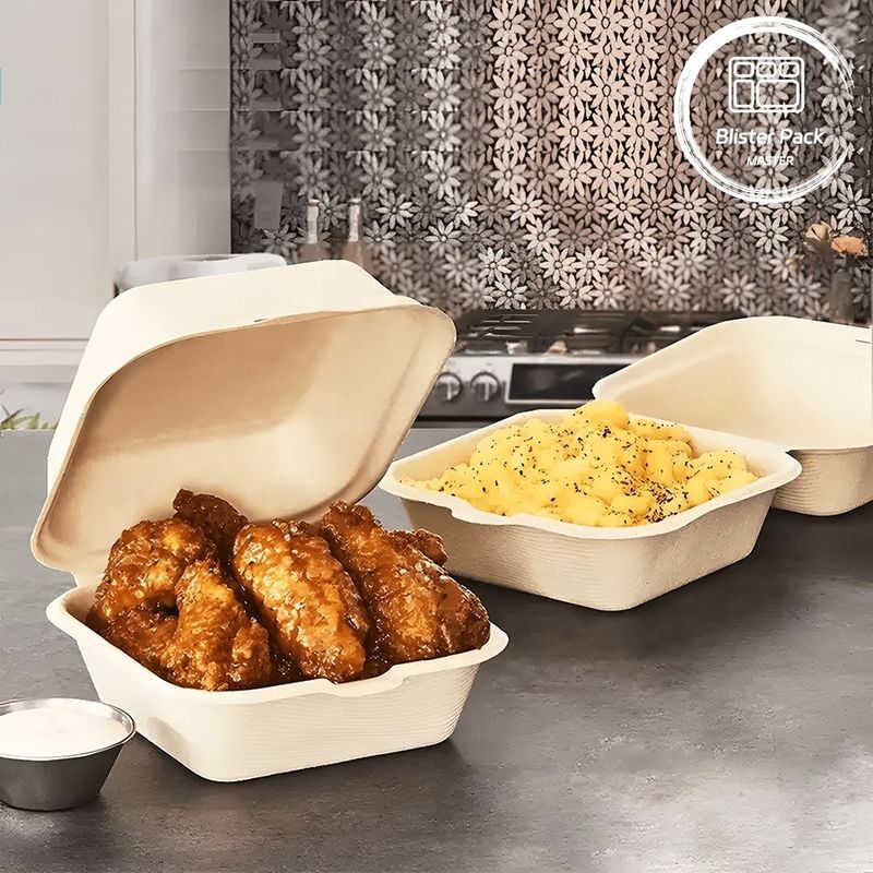 Blister Öko-kompostierbar Muschelschale 3 Abteilungs- Einweg-Lunchbox Zuckerrohr-Bagasse