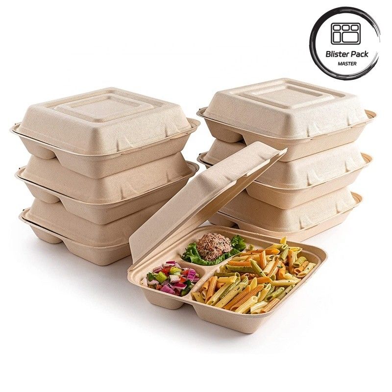Blister Öko-kompostierbar Muschelschale 3 Abteilungs- Einweg-Lunchbox Zuckerrohr-Bagasse