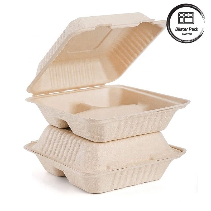 Blister Öko-kompostierbar Muschelschale 3 Abteilungs- Einweg-Lunchbox Zuckerrohr-Bagasse