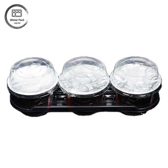 PET-verdicktes Einwegtransparentes Tray mit 3-Sektions-Kaffee-Taschenhalter, Plastiktray für Joghurt und Getränke